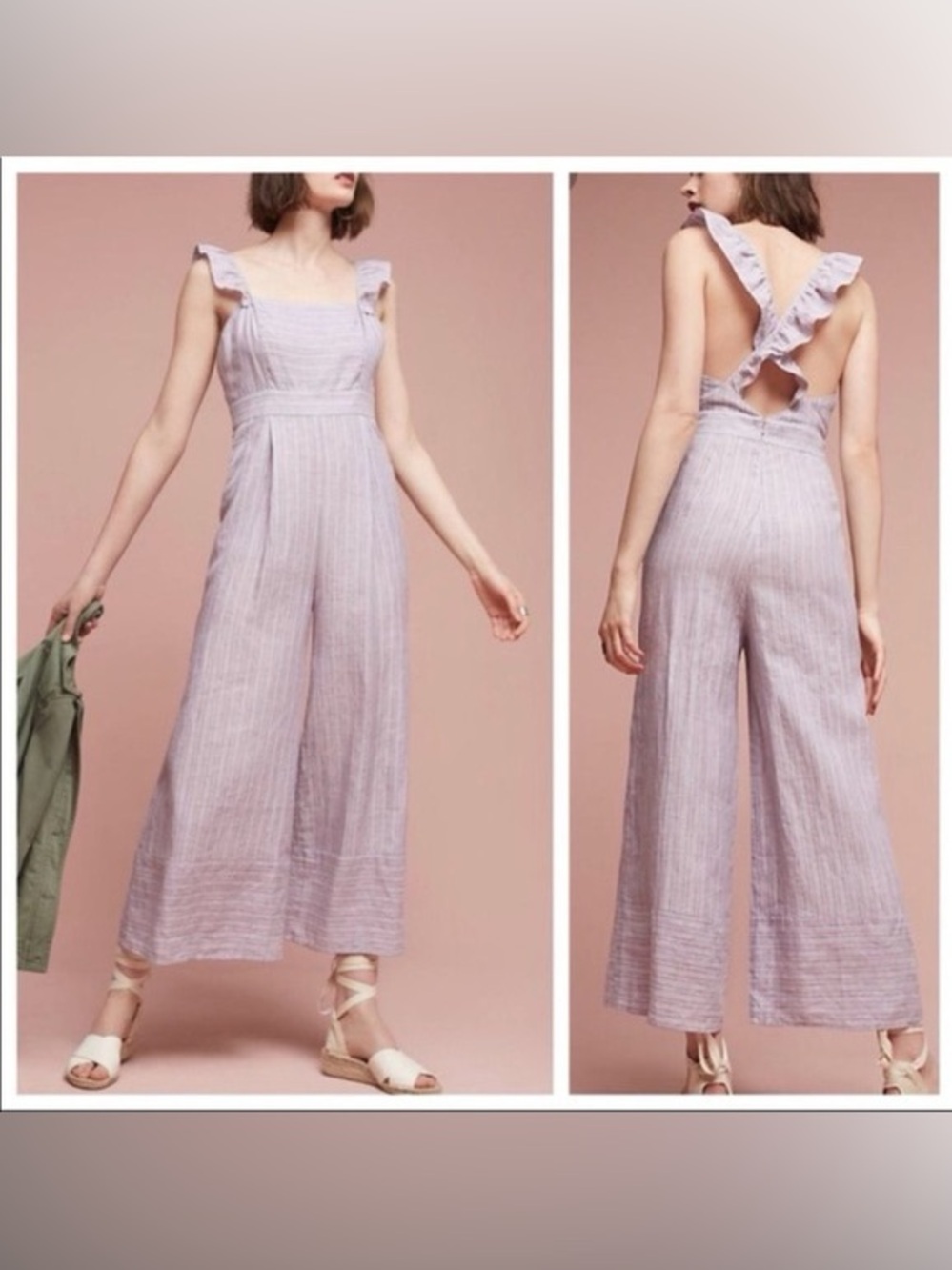100% Linen elevenses Nantucket Lavender Ruffle-Shoulder Wide-Leg Jumpsuit